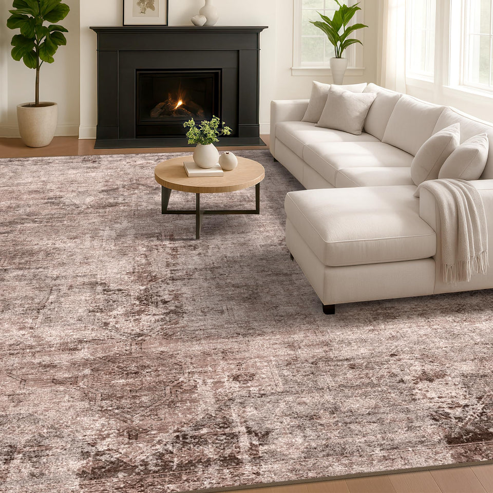Neutral Living Room Rug - 10x14 Farmhouse Beige Brown Large Area Rug for Dining Room, Bedroom, Low Pile Lightweight Washable