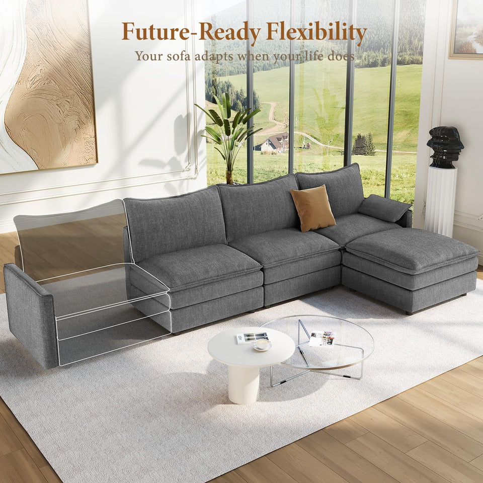 Vesgantti 142" U Shaped Sectional Couch, Comfy Cloud Modular Sectional Sofa with 2 Ottoman Deep Seat Chenille Modern Cloud Sofa, Modular Sofas for Living Room, Bedroom and Apartment, Beige