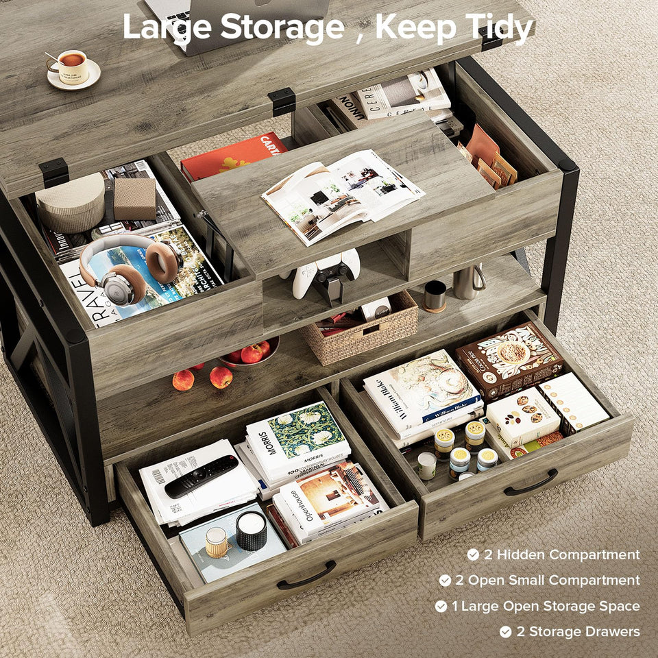 Memobarco 40" Lift Top Coffee Table,4 in 1 Multi-Function Lift Coffee Tables with Storage Drawers and Hidden Compartmen,Farmhouse Coffee Table with Lifting top for Living Room,Black