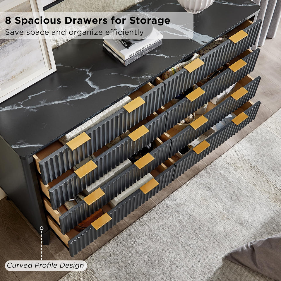 T4TREAM Fluted 7 Drawers Dresser, 54" Wide Modern Chest of Drawers with Faux Marble Top, Curved Profile Design, Dresser TV Stand, Wood Drawer Organizer for Bedroom, Living Room, Hallway, Natural Oak