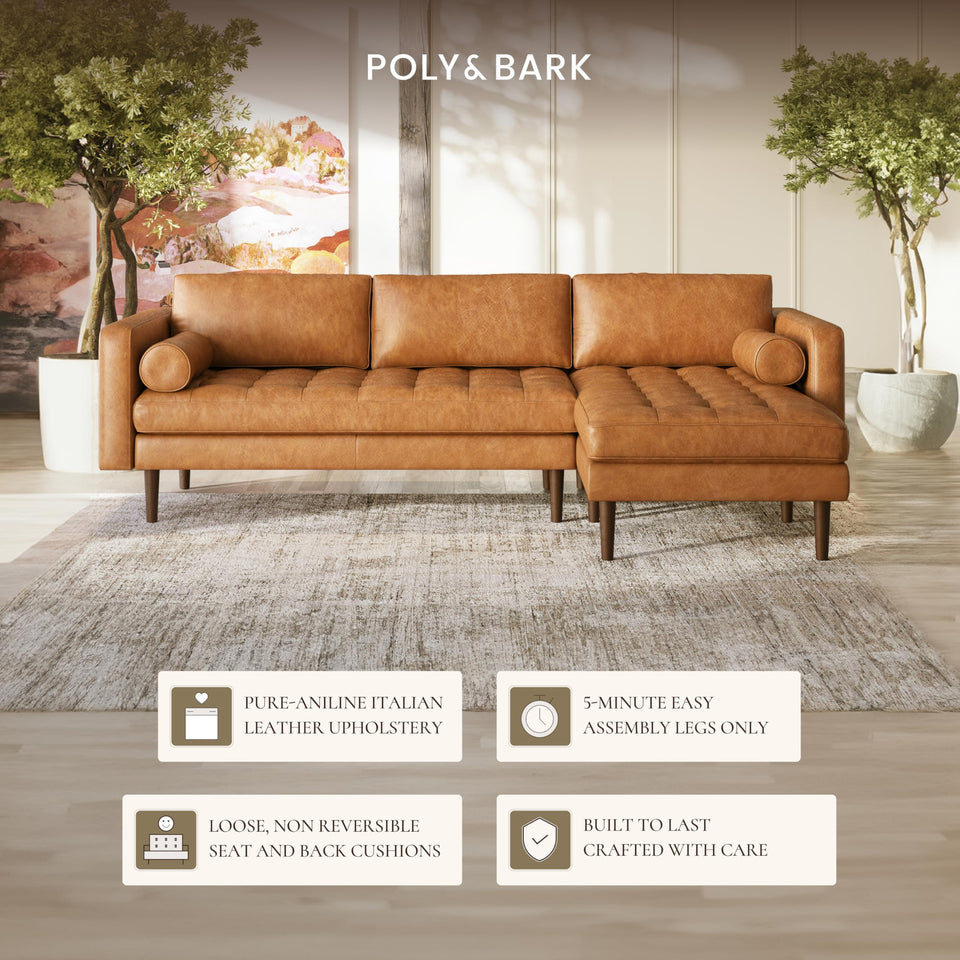 POLY & BARK Napa 72" Apartment Sofa – Italian-Tanned Full-Grain Pure-Aniline or Semi-Aniline Leather, Feather-Down Cushioning, Kiln-Dried Solid Wood Frame, Walnut Legs - Cognac Tan