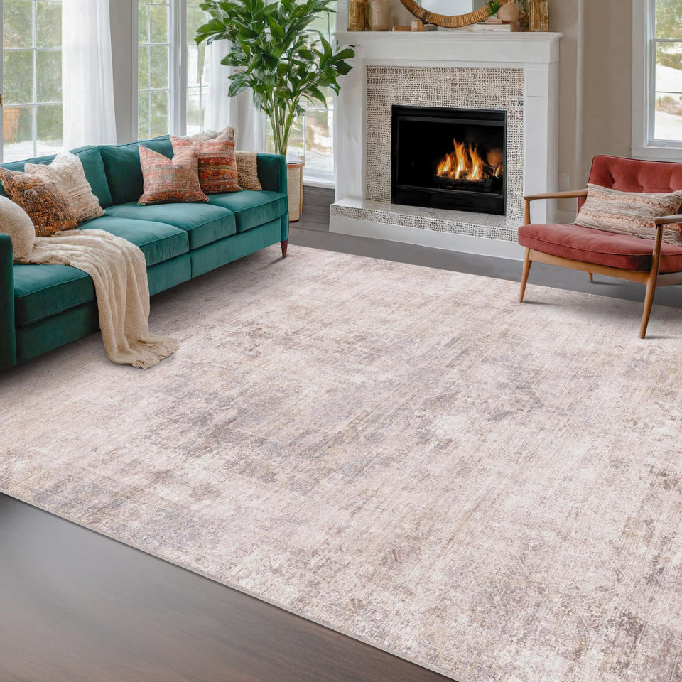 Neutral Living Room Rug - 10x14 Farmhouse Beige Brown Large Area Rug for Dining Room, Bedroom, Low Pile Lightweight Washable