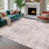 Neutral Living Room Rug - 10x14 Farmhouse Beige Brown Large Area Rug for Dining Room, Bedroom, Low Pile Lightweight Washable