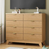 Fluted Dresser for Bedroom with 9 Drawers, 57" Wide Modern Chest of Drawers with Metal Handle, Wooden Dresser TV Stand, Wood Closet Clothes Storage Organizer for Living Room, Hallway, Natural Oak