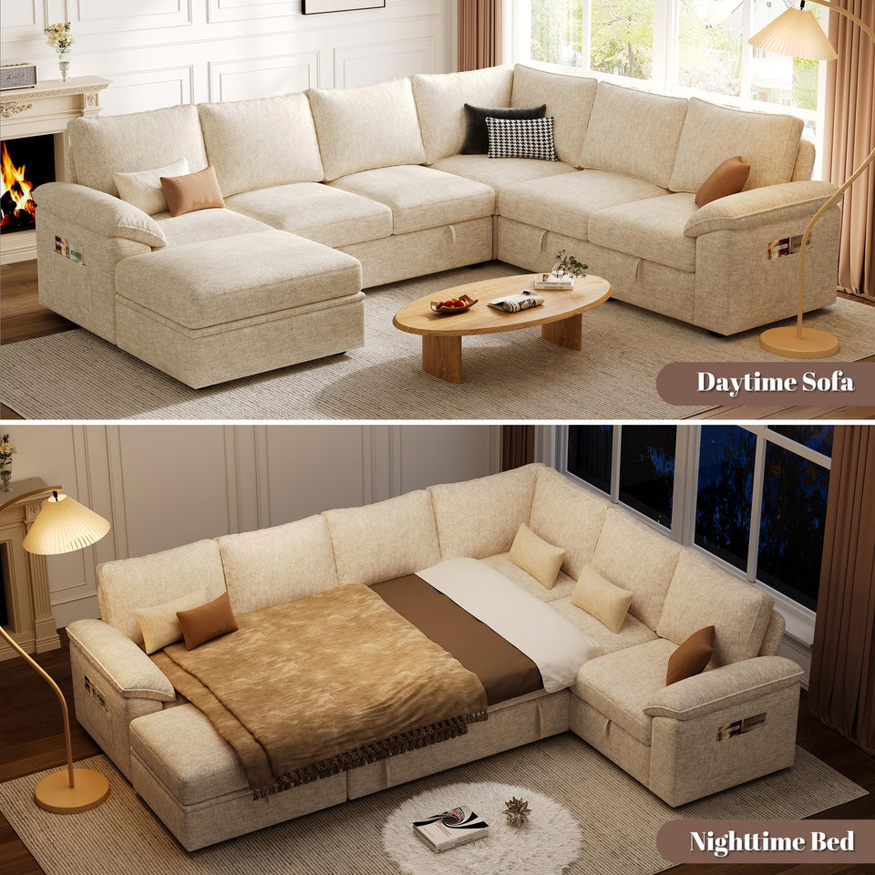 SUAWY 108 Inch Sectional Sleeper Sofa with Pull Out Bed,U Shaped 7 Seat Modular Sectional Sofa with Storage,Sectional Couches for Living Room,Cloud Modular Couch,Removable Sofa Cover,Dark Grey