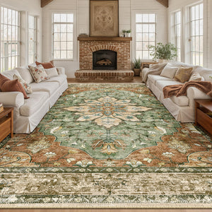 RELEANY Area Rugs 10'x14' Washable Non-Slip, Floral Vintage Distress Print Pattern Medallion Carpet for Living Room Bedroom Dining Room, Brick Red Rust Neutral Brown Burnt Orange Green