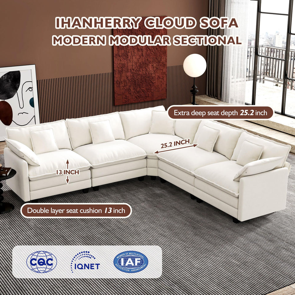 Ihanherry 146" U-Shaped Modern Sofa Modular Sectional Cloud Couch with 2 Ottoman, 6-Seat Chenille Deep Seat Sofa with 6 Pillows for Living Room, Bedroom and Apartment, Grey