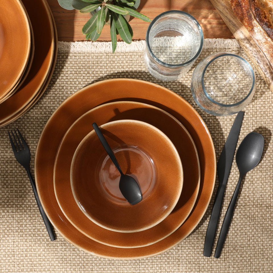Bloomhouse Santorini Mist Double Bowl Terracotta Reactive Glaze Plates and Bowls Dinnerware Set - Amber, Service for Four (16pcs)