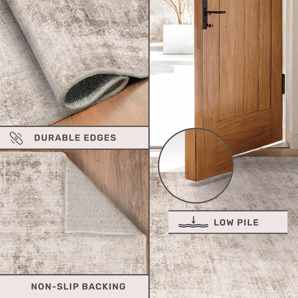 Neutral Living Room Rug - 10x14 Farmhouse Beige Brown Large Area Rug for Dining Room, Bedroom, Low Pile Lightweight Washable