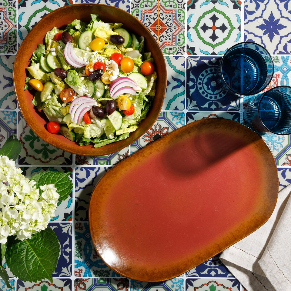 Bloomhouse Santorini Mist Double Bowl Terracotta Reactive Glaze Plates and Bowls Dinnerware Set - Amber, Service for Four (16pcs)