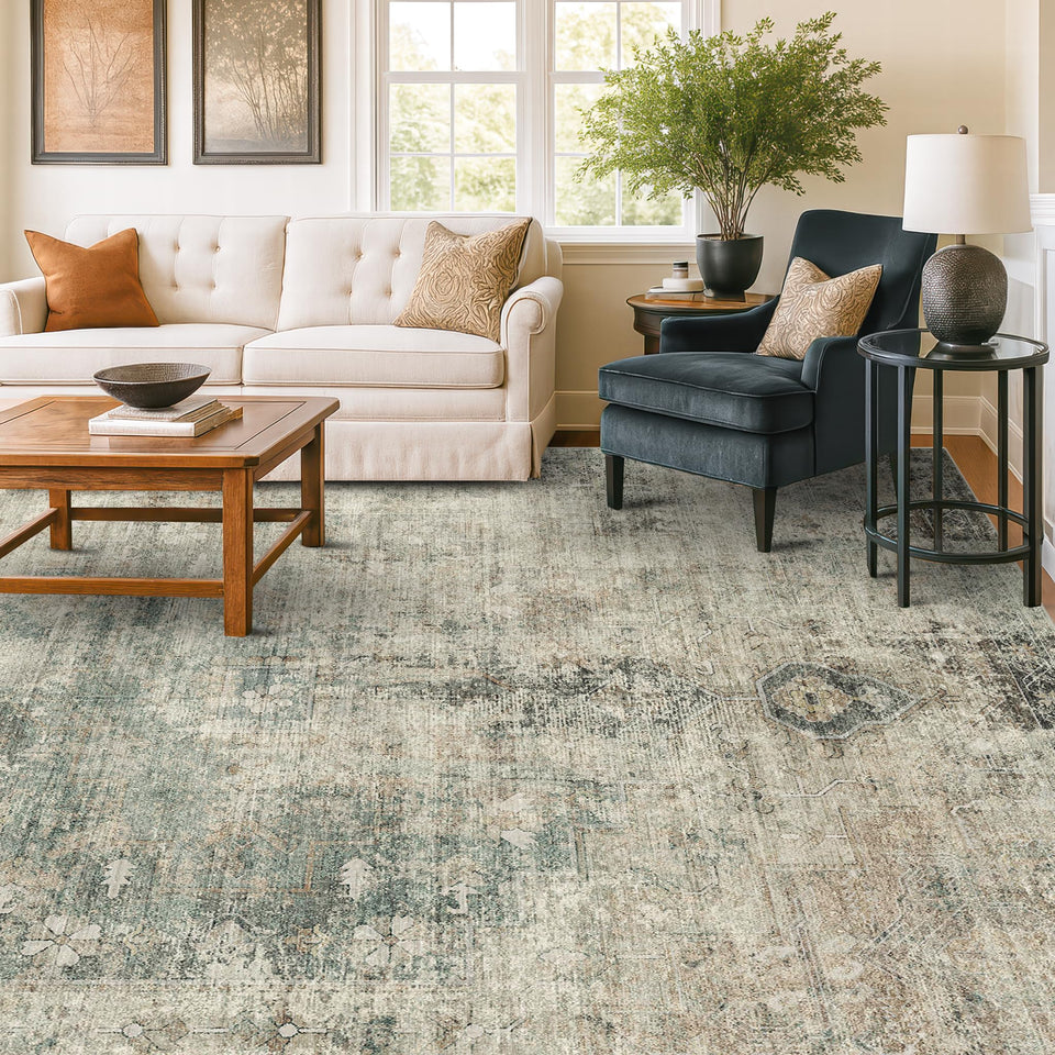 Neutral Living Room Rug - 10x14 Farmhouse Beige Brown Large Area Rug for Dining Room, Bedroom, Low Pile Lightweight Washable