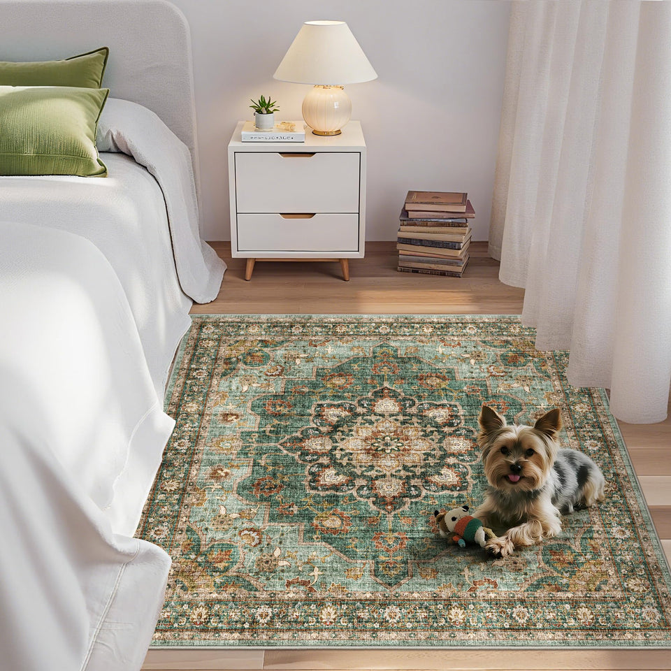 TOPRUUG Washable Oriental Area Rug - 12x15 Rugs for Living Room Soft Carpet for Bedroom Waterproof Floral Distressed Indoor Stain Resistant Non-Shedding Floor Carpets (Green, 12x15)