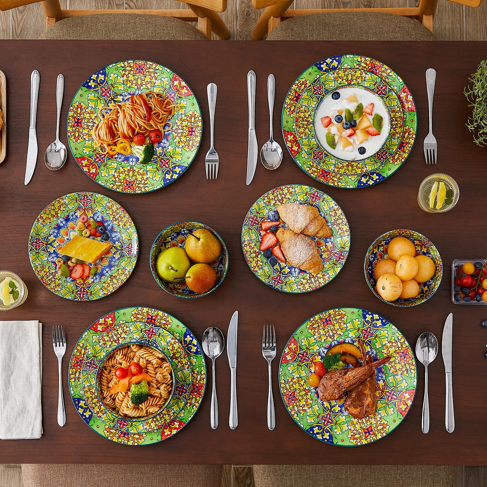 vancasso 24 Pieces Dinnerware Sets, Plates and Bowls Set, Porcelain Dishes Set for 6, Microwave and Dishwasher Safe, Scratch Resistant, Bohemian Style Dining Ware Service for 6, Series SIMI