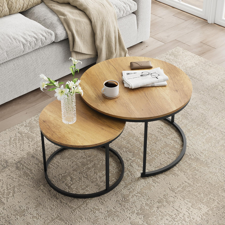 Smuxee Nesting Coffee Table Set of 2, 23.6" Round Coffee Table Wood Grain Top with Adjustable Non-Slip Feet, Industrial End Table Side Tables for Living Room Bedroom Balcony Yard