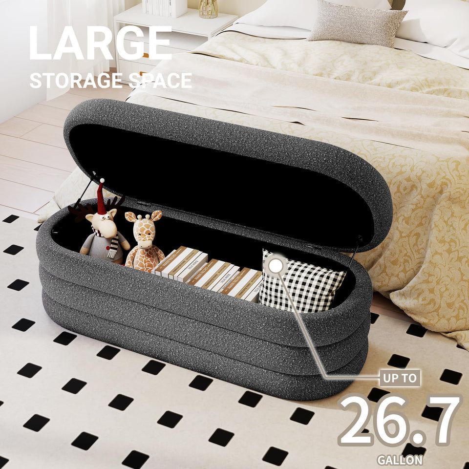 Busaurus Storage Ottoman Bench 49.2 Inch Upholstered Fabric Storage Bench for Bedroom End of Bed Aesthetic Large Oval Ottoman for Living Room Entryway (Ivory)