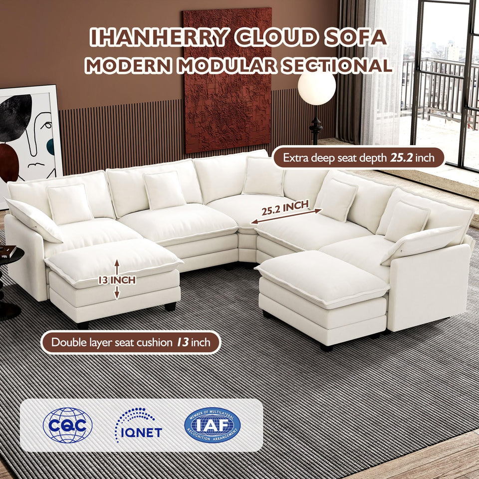 Ihanherry 146" U-Shaped Modern Sofa Modular Sectional Cloud Couch with 2 Ottoman, 6-Seat Chenille Deep Seat Sofa with 6 Pillows for Living Room, Bedroom and Apartment, Grey
