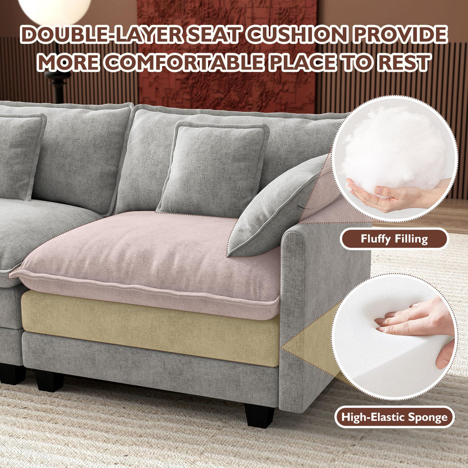 Ihanherry 146" U-Shaped Modern Sofa Modular Sectional Cloud Couch with 2 Ottoman, 6-Seat Chenille Deep Seat Sofa with 6 Pillows for Living Room, Bedroom and Apartment, Grey