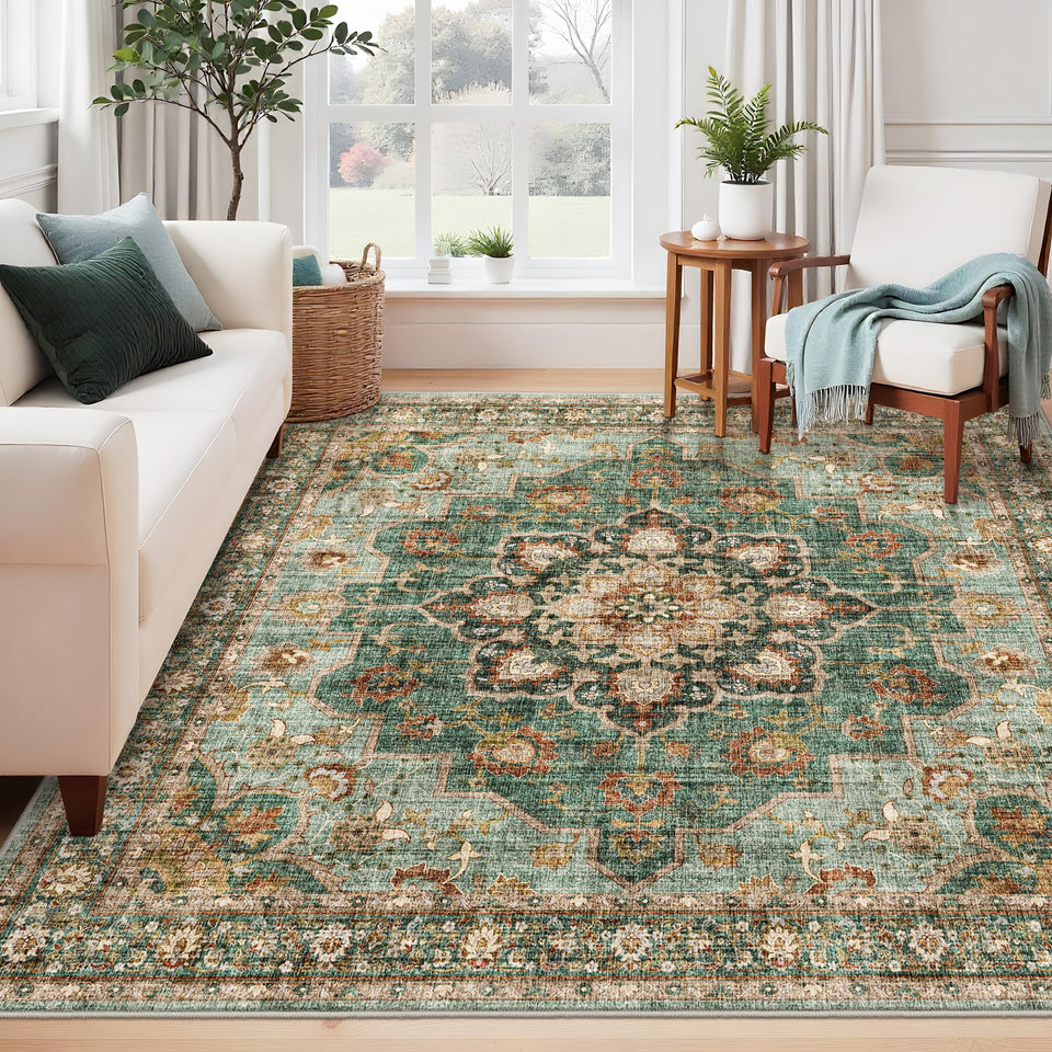 TOPRUUG Washable Oriental Area Rug - 12x15 Rugs for Living Room Soft Carpet for Bedroom Waterproof Floral Distressed Indoor Stain Resistant Non-Shedding Floor Carpets (Green, 12x15)