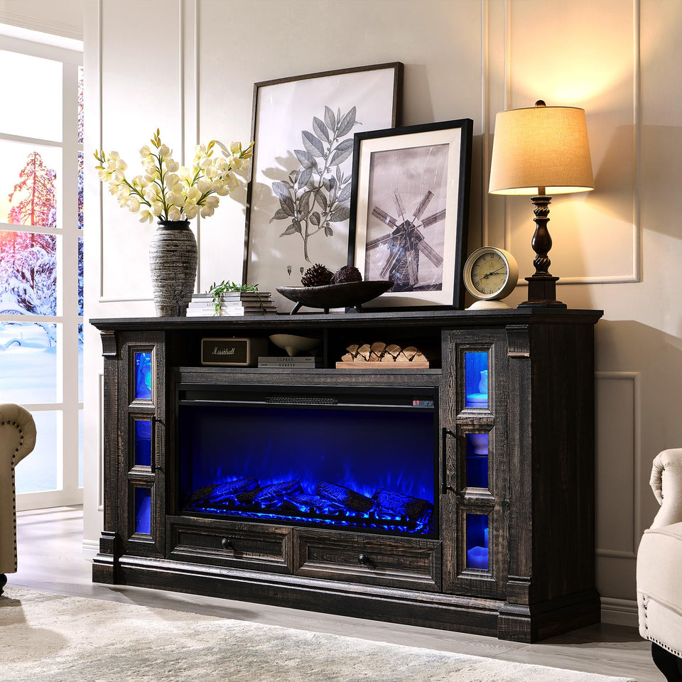 OKD Fireplace TV Stand for up-to-80 TV, Farmhouse 36" Tall Entertainment Center with 42" Electric Fireplace, Media Console with Glass Door Cabinets & Drawers for Living Room, Antique White