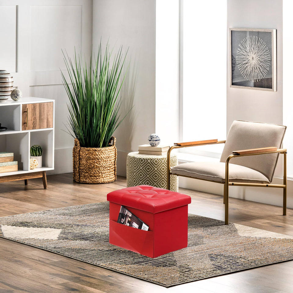 AmasSmile Storage Ottoman Folding Foot Rest Stool, Leather Footstool Bench, Short Ottoman Stool, Storage Foot Rest Store, Books (Black, 17" D x 13" W x 13" H)