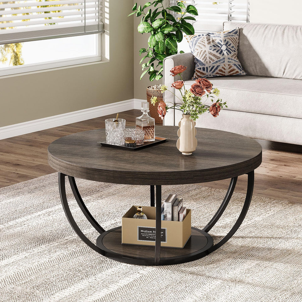 Tribesigns Round Coffee Table, 31.7" Wooden 2-Tier Circle Coffee Table with Storage Shelves, Modern Accent Cocktail Table Center Table for Living Room, Rustic Brown