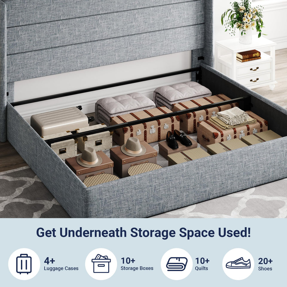 Allewie King Size Lift Up Storage Bed, Modern Wingback Headboard, Hydraulic Support, No Box Spring Needed, Light Beige