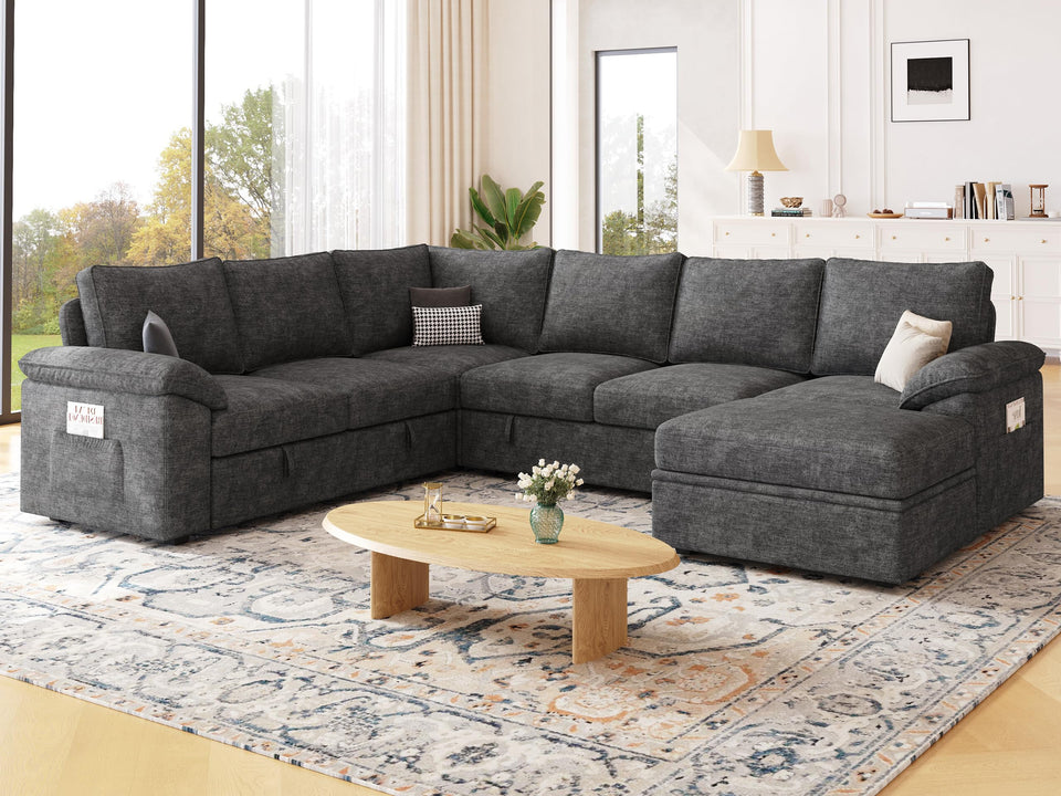 SUAWY 108 Inch Sectional Sleeper Sofa with Pull Out Bed,U Shaped 7 Seat Modular Sectional Sofa with Storage,Sectional Couches for Living Room,Cloud Modular Couch,Removable Sofa Cover,Dark Grey