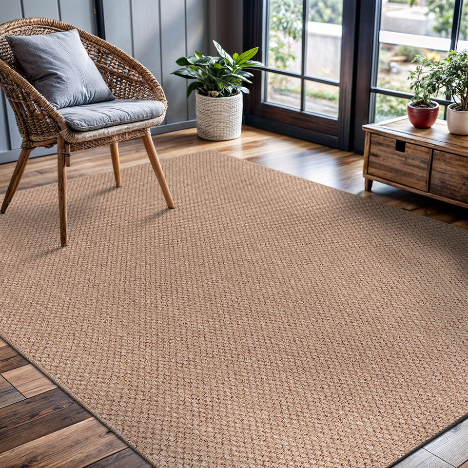 CAMILSON Easy Jute Rug 10x14, Indoor Outdoor Natural Color Fiber Area Rugs for Living Room Patio and Kitchen Rug Herringbone Woven Design Easy-Cleaning Washable Outside Carpet Alfombras 10 x 14