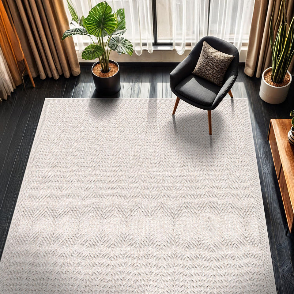 CAMILSON Easy Jute Rug 10x14, Indoor Outdoor Natural Color Fiber Area Rugs for Living Room Patio and Kitchen Rug Herringbone Woven Design Easy-Cleaning Washable Outside Carpet Alfombras 10 x 14