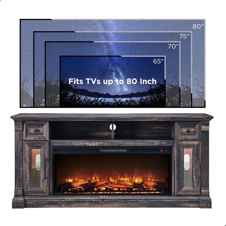 OKD Fireplace TV Stand for 80 Inch TV - Farmhouse Entertainment Center with 42" Electric Fireplace & LED Lights, Wood Media Console with Storage Drawers & Cabinets for Living Room, Antique White