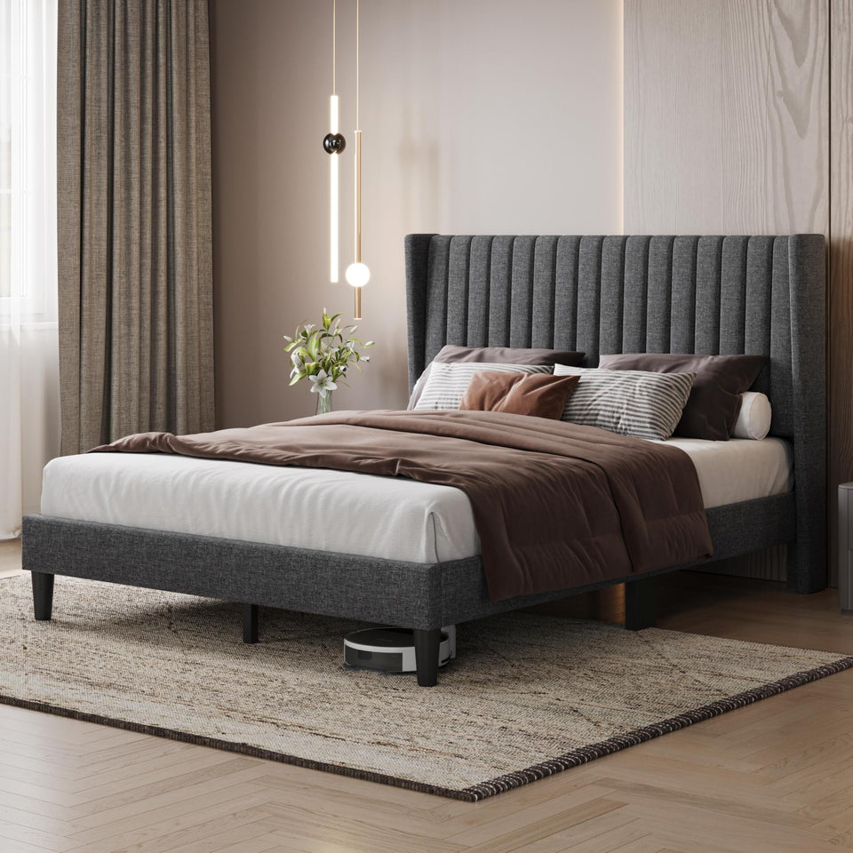 Yaheetech King Bed Frame Upholstered Platform Bed with Fabric Headboard, Wing Edge Design/Non-Slip and Noise-Free/Wooden Slats Support/No Box Spring Needed/Easy Assembly, Ivory King Bed