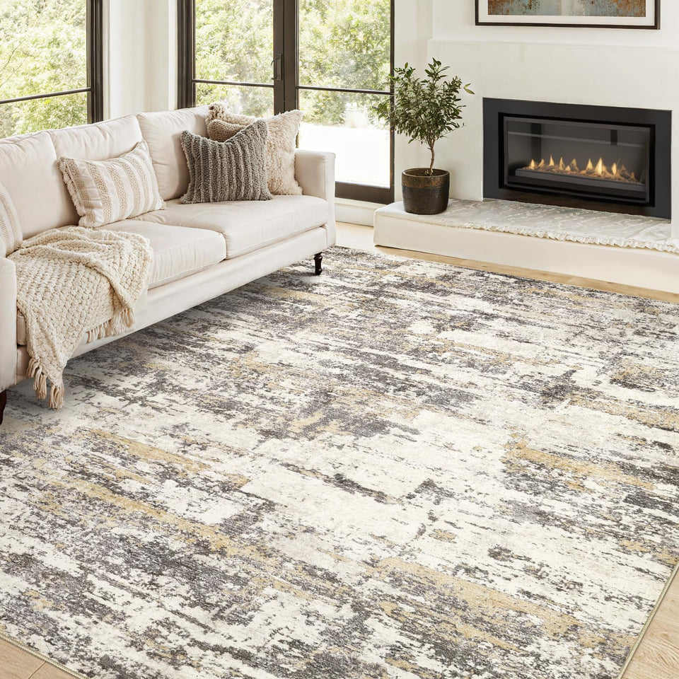 Area Rugs for Living Room: 12x15 Abstract Washable Rug Modern Neutral Large Soft Stain Resistant Non-Slip Backing Machine Table for Bedroom Dining Room Indoor Home Office Carpet - Gold Brown