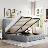 Allewie King Size Lift Up Storage Bed, Modern Wingback Headboard, Hydraulic Support, No Box Spring Needed, Light Beige