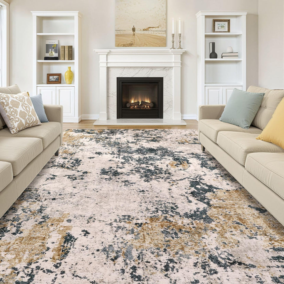 Area Rugs for Living Room: 12x15 Abstract Washable Rug Modern Neutral Large Soft Stain Resistant Non-Slip Backing Machine Table for Bedroom Dining Room Indoor Home Office Carpet - Gold Brown