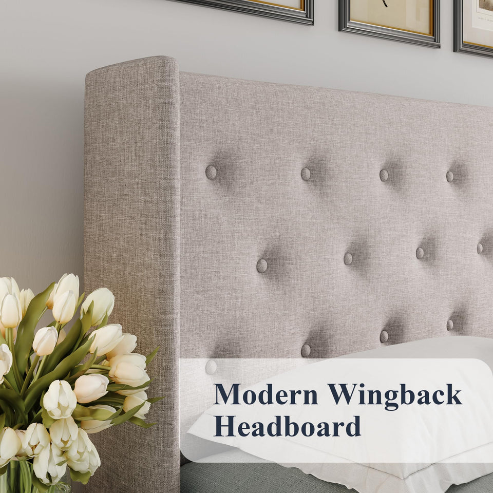 Allewie King Size Lift Up Storage Bed, Modern Wingback Headboard, Hydraulic Support, No Box Spring Needed, Light Beige