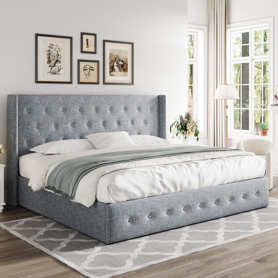 Allewie King Size Lift Up Storage Bed, Modern Wingback Headboard, Hydraulic Support, No Box Spring Needed, Light Beige
