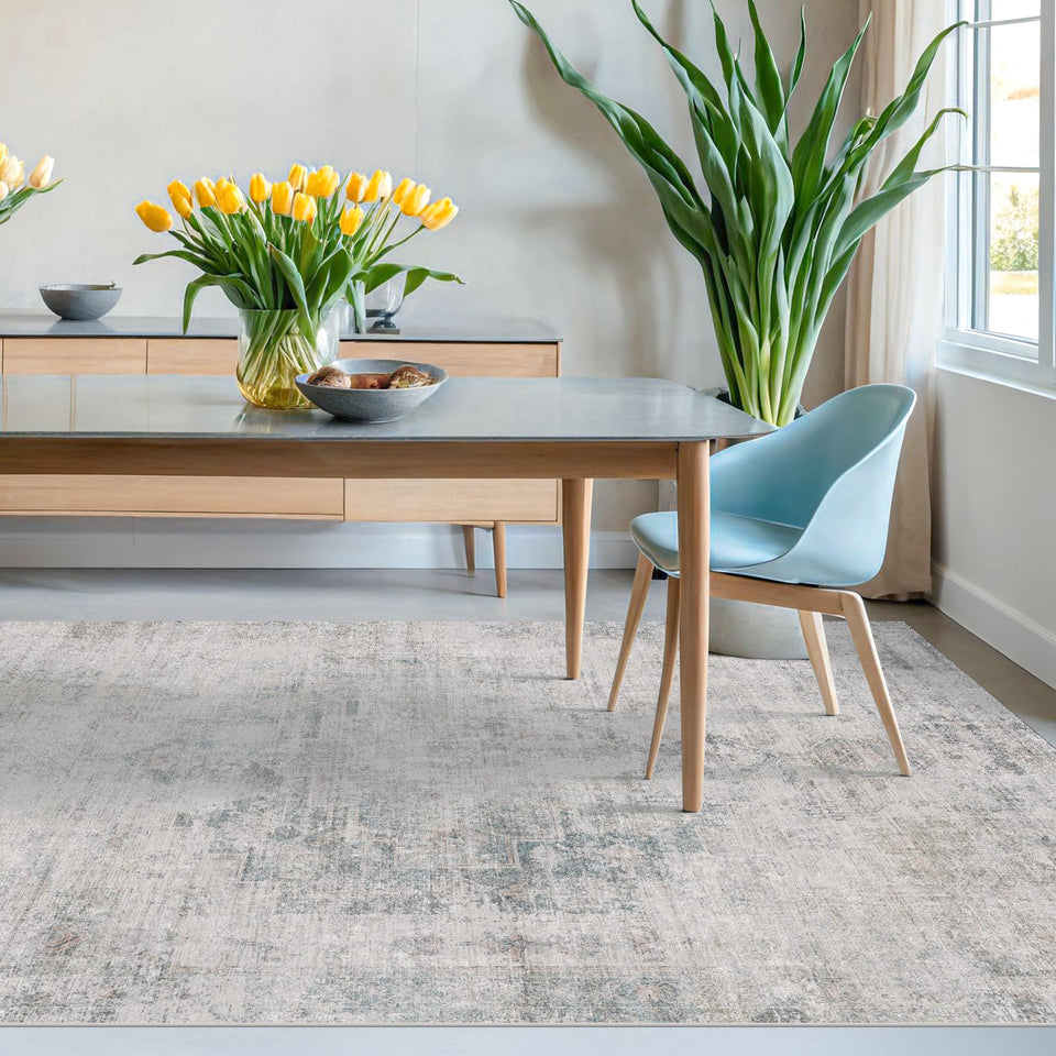 Neutral Living Room Rug - 10x14 Farmhouse Beige Brown Large Area Rug for Dining Room, Bedroom, Low Pile Lightweight Washable