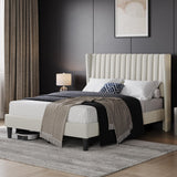 Yaheetech King Bed Frame Upholstered Platform Bed with Fabric Headboard, Wing Edge Design/Non-Slip and Noise-Free/Wooden Slats Support/No Box Spring Needed/Easy Assembly, Ivory King Bed