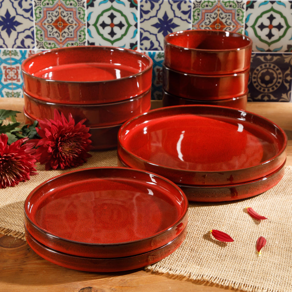 Bloomhouse Santorini Mist Double Bowl Terracotta Reactive Glaze Plates and Bowls Dinnerware Set - Amber, Service for Four (16pcs)