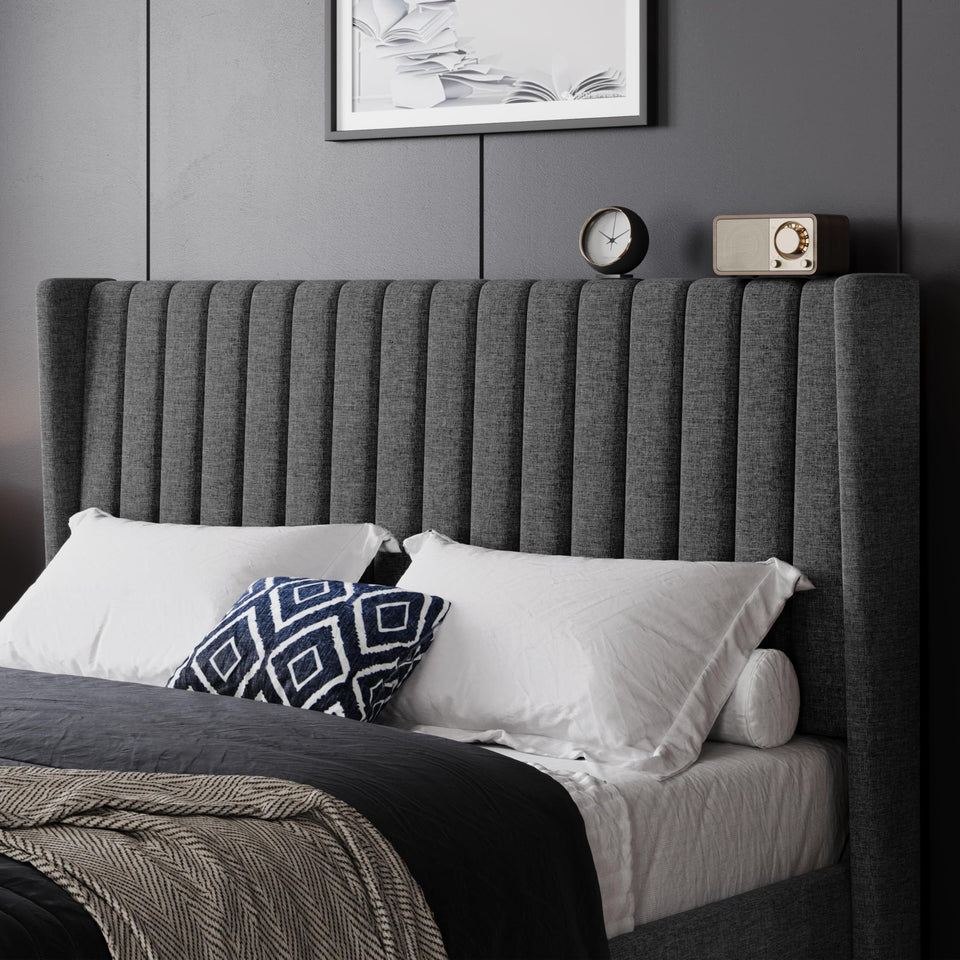 Yaheetech King Bed Frame Upholstered Platform Bed with Fabric Headboard, Wing Edge Design/Non-Slip and Noise-Free/Wooden Slats Support/No Box Spring Needed/Easy Assembly, Ivory King Bed