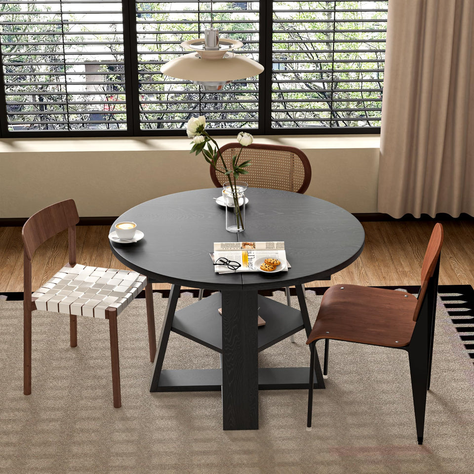 43.3in-59in Extendable Round Dining Table for 4-8,Modern Kitchen Oval Dining Table with Removable Leaves Space Saving,Wood Base with Storage Shelf for Kitchen Living Room (Walnut)