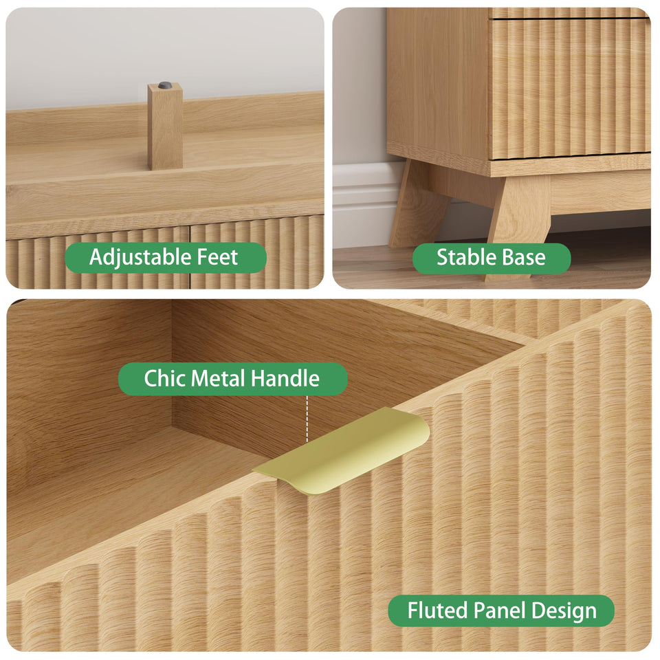 Fluted Dresser for Bedroom with 9 Drawers, 57" Wide Modern Chest of Drawers with Metal Handle, Wooden Dresser TV Stand, Wood Closet Clothes Storage Organizer for Living Room, Hallway, Natural Oak