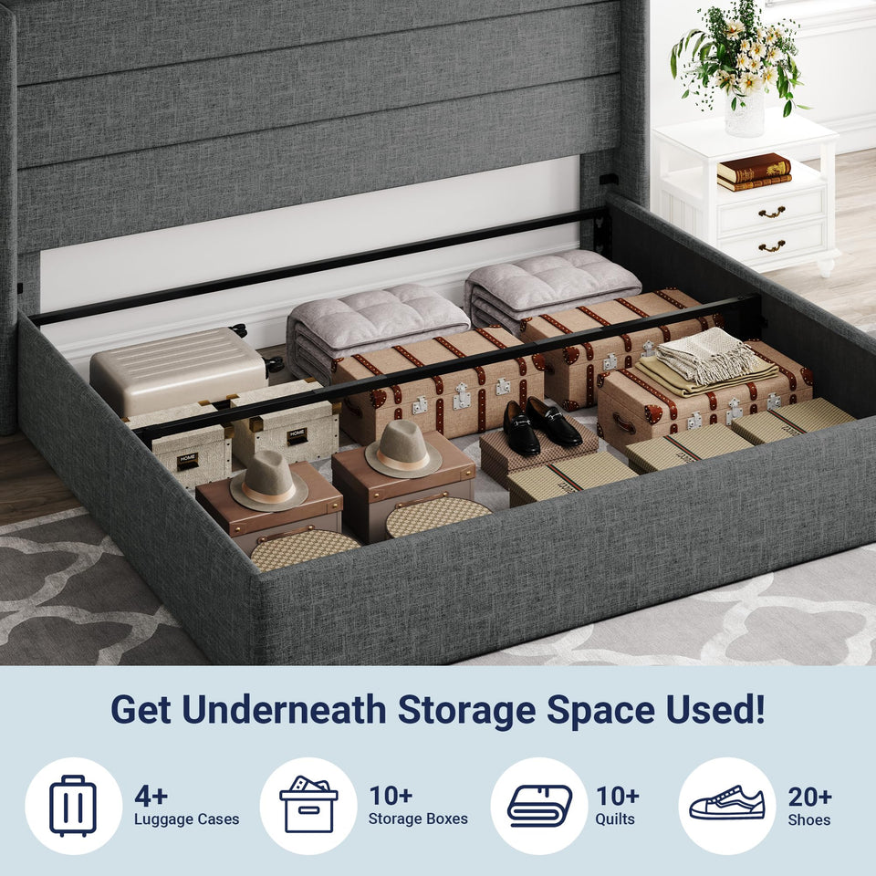 Allewie King Size Lift Up Storage Bed, Modern Wingback Headboard, Hydraulic Support, No Box Spring Needed, Light Beige