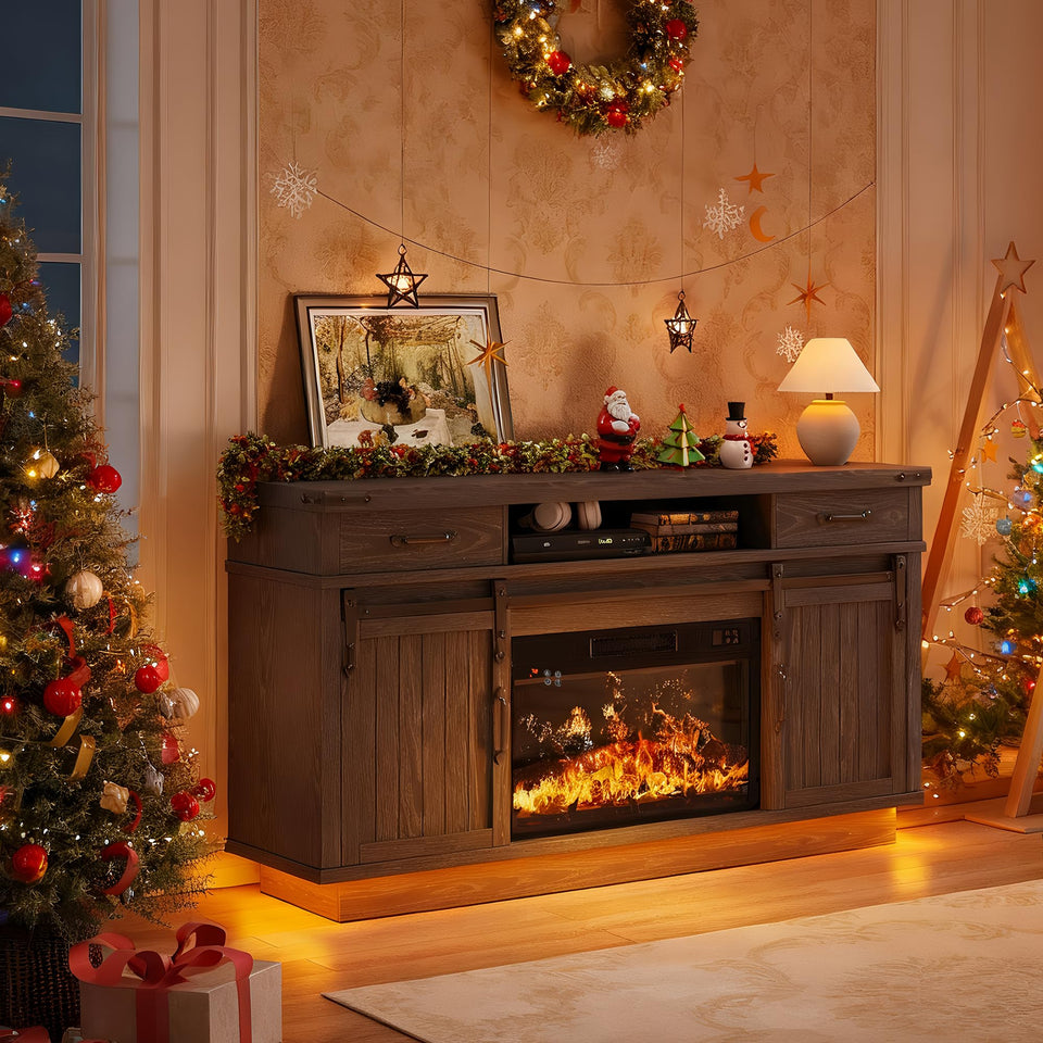 59'' Fireplace TV Stand with 3D Flame Electric Fireplace Heater, 34'' Tall Farmhouse TV Stand for 65 Inch TV, Entertainment Center TV Console with 2 Drawers, Sliding Barn Door for Living Room - White