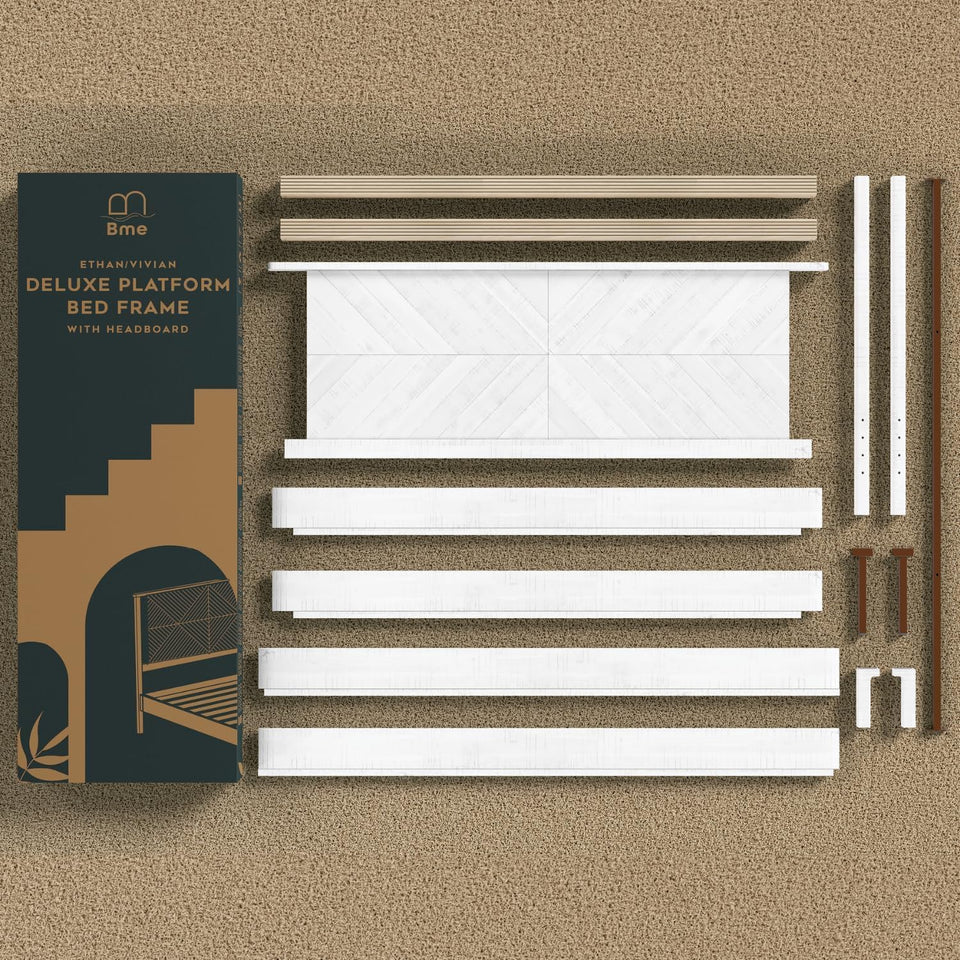 Bme Vivian 14 Inch Deluxe Bed Frame with Headboard, Rustic & Scandinavian Style with Solid Acacia Wood, No Box Spring Needed, 12 Strong Wood Slat Support, Easy Assembly, King, Rustic Golden Brown