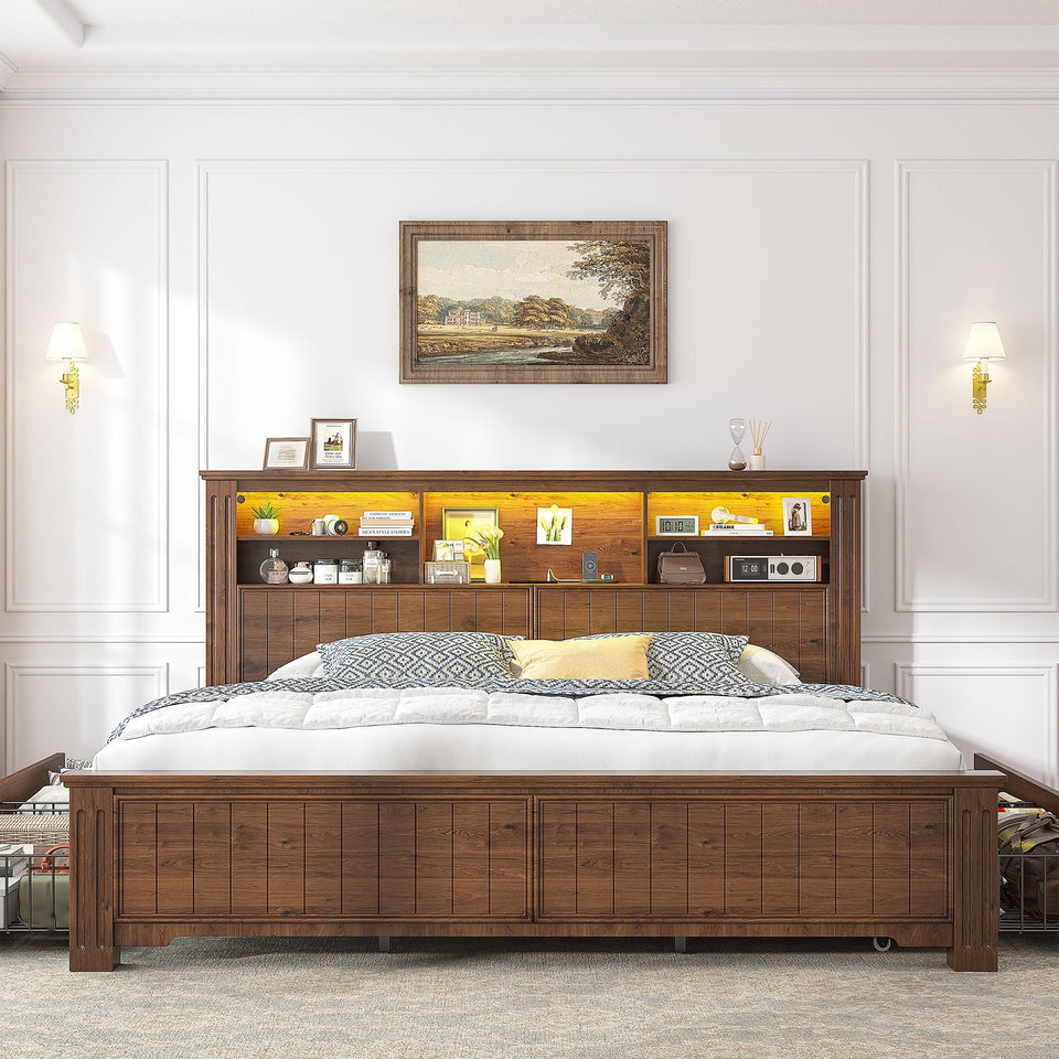 EnHomee King Size Bed Frame and Headboard & Storage, 4 Drawers and LED Built in Charging Station King Bed Frame with Storage Farmhouse,NO Noise,No Box Spring Needed,White