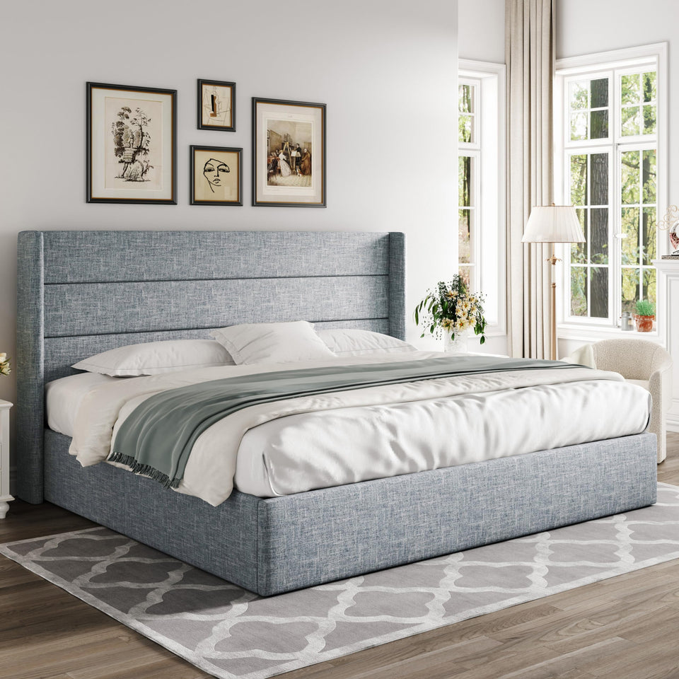 Allewie King Size Lift Up Storage Bed, Modern Wingback Headboard, Hydraulic Support, No Box Spring Needed, Light Beige