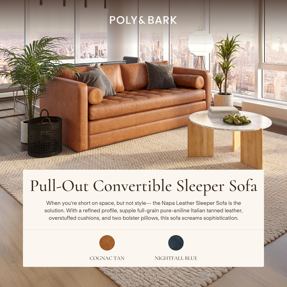 POLY & BARK Napa 72" Apartment Sofa – Italian-Tanned Full-Grain Pure-Aniline or Semi-Aniline Leather, Feather-Down Cushioning, Kiln-Dried Solid Wood Frame, Walnut Legs - Cognac Tan