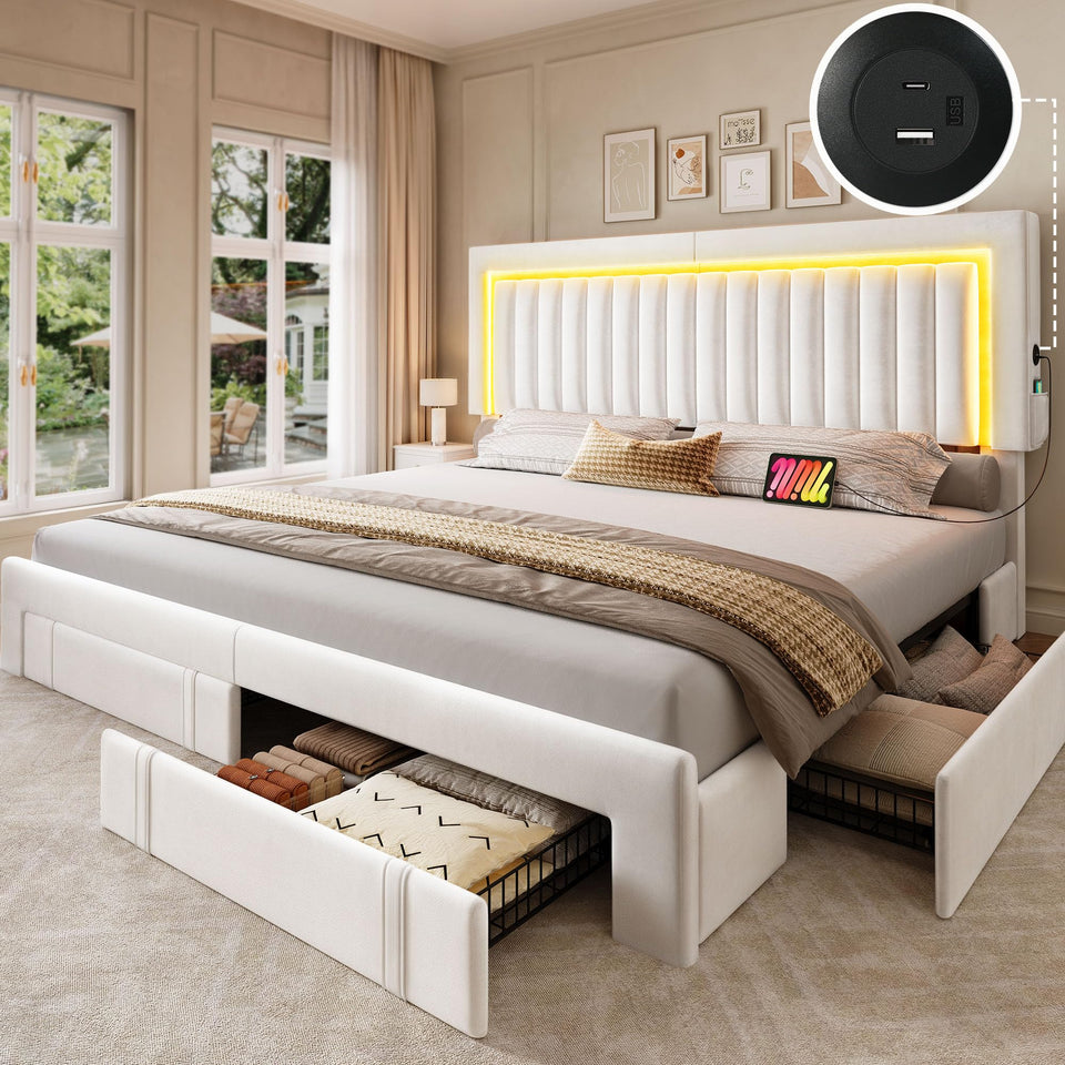 YITAHOME King Size Bed Frame with Adjustable Headboard, 4 Storage Drawers and RGB LED Lights, Velvet Upholstered Platform Bed with USB Ports, No Box Spring Needed, Fast Assembly, Noise-Free, Black