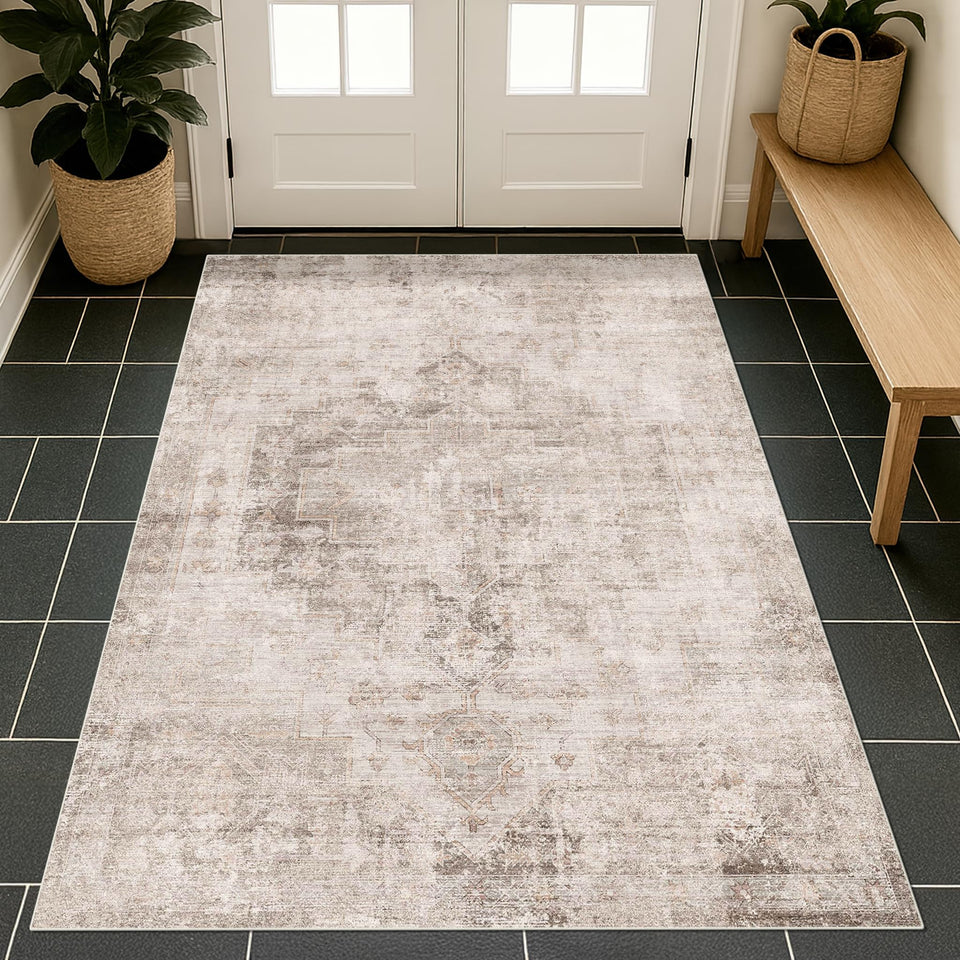 Neutral Living Room Rug - 10x14 Farmhouse Beige Brown Large Area Rug for Dining Room, Bedroom, Low Pile Lightweight Washable